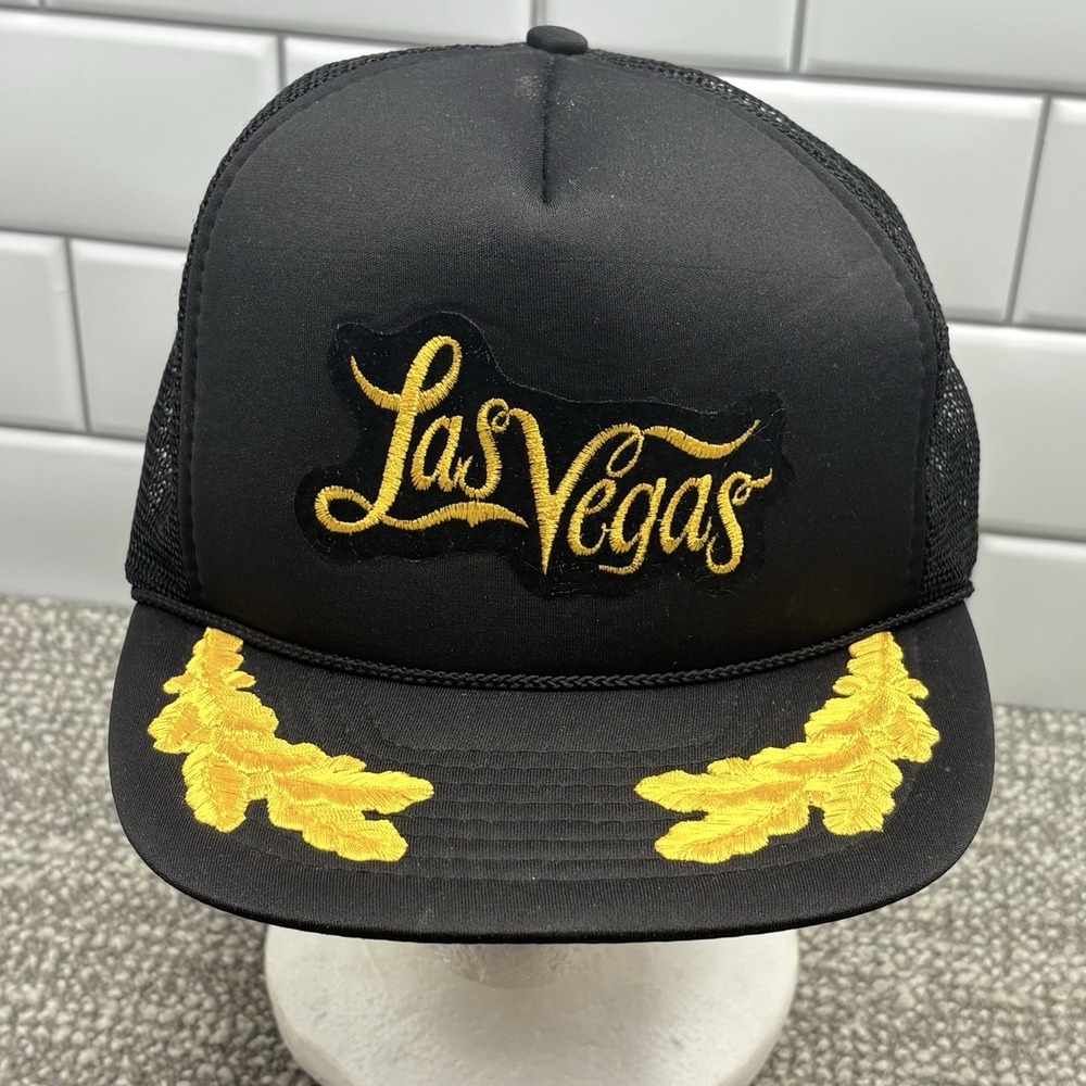 Vtg Las Vegas Trucker Hat Mesh SnapBack Black Gold Leaf Foam Rope Cap